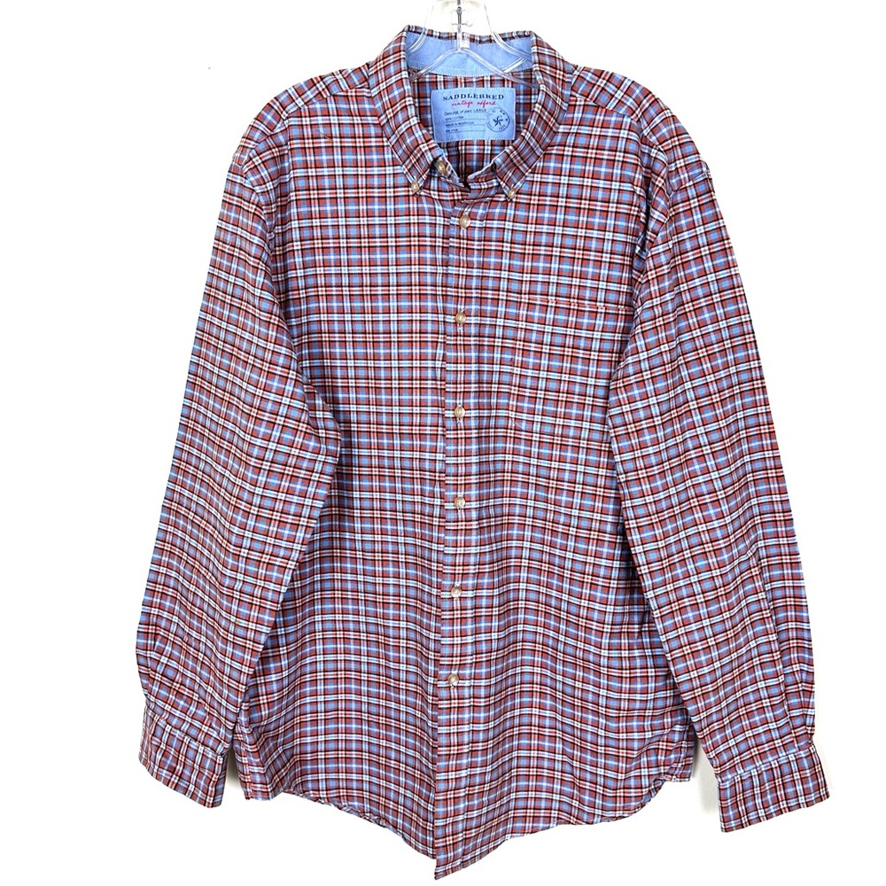 SADDLEBRED Men’s Vintage Oxford Blue and Orange Plaid Casual Button Down, Size L